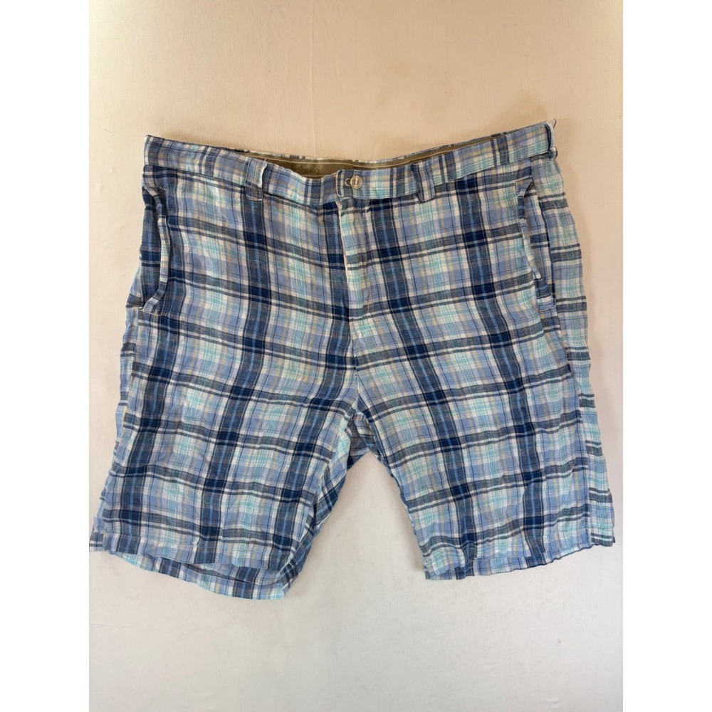 Bohio Mens Blue Plaid 100% Linen Shorts Size 40 Casual Summer Beach